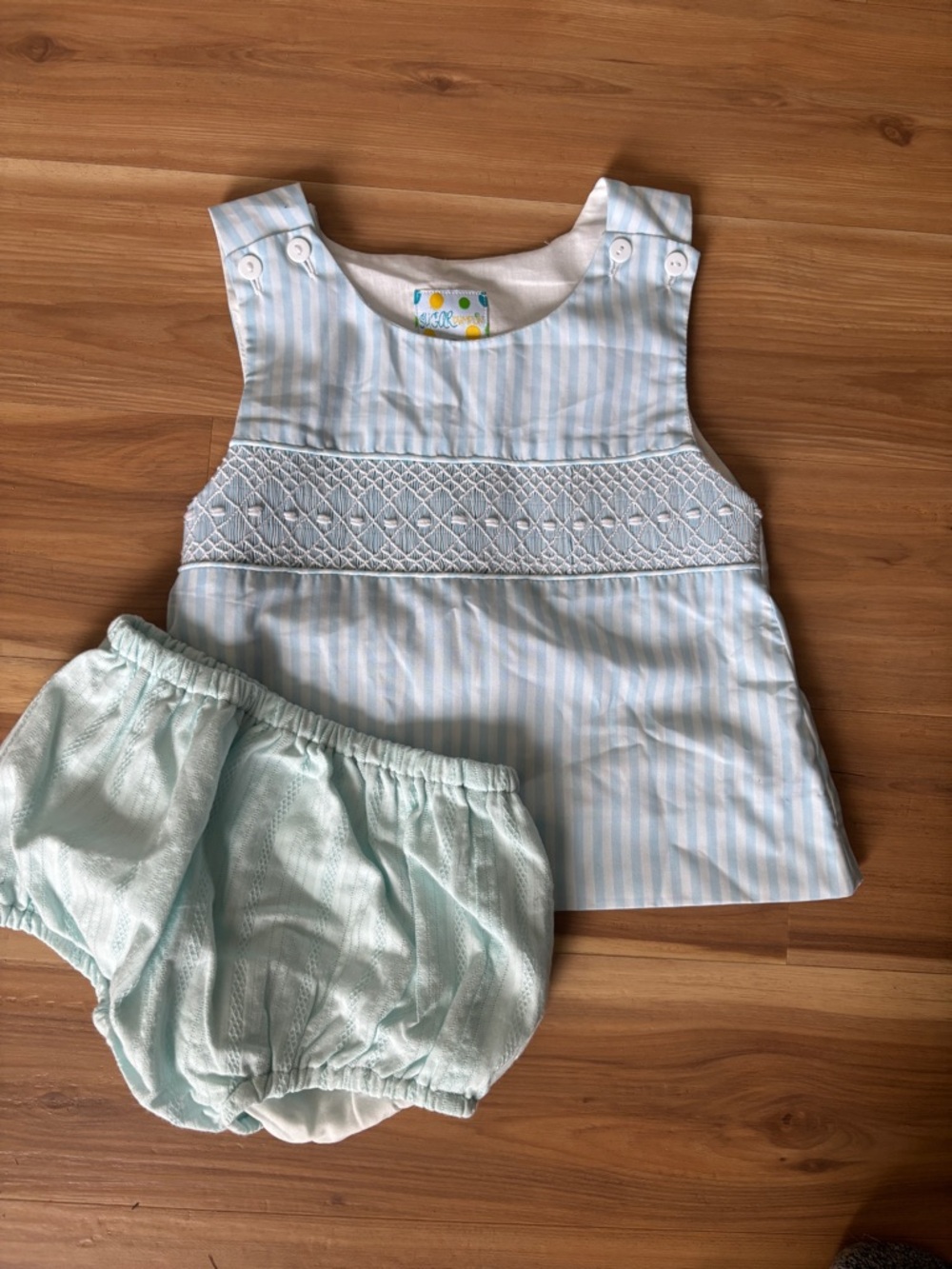 Smocked Light Blue Striped Baby Matching Set with Mint Diaper Cover